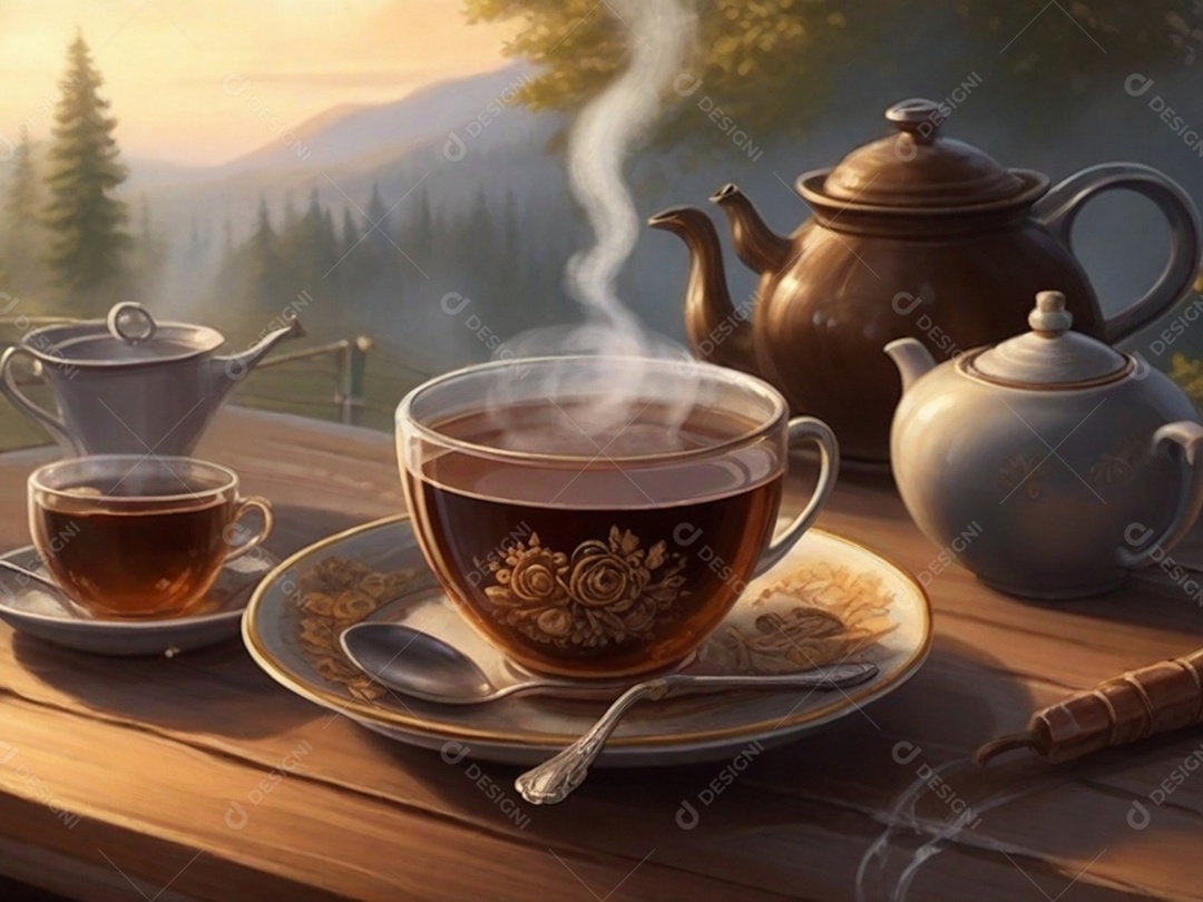 Uma cena aconchegante pintando com uma xícara verde