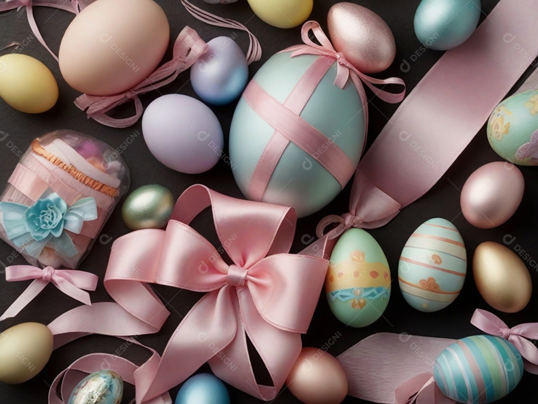 Várias decorações de Páscoa em tons pastéis, como fitas, faixas e enfeites cuidadosamente dispostos em uma superfície de tecnologia escura.