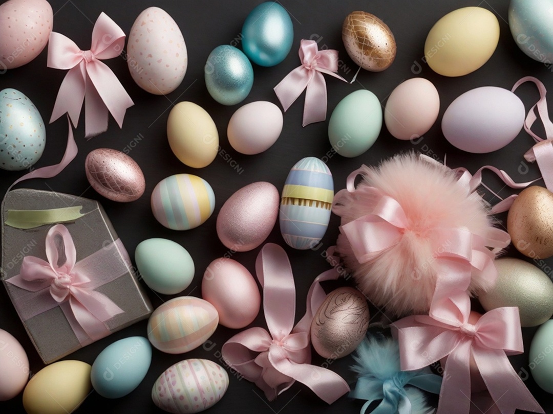 Várias decorações de Páscoa em tons pastéis, como fitas, faixas e enfeites cuidadosamente dispostos em uma superfície de tecnologia escura.