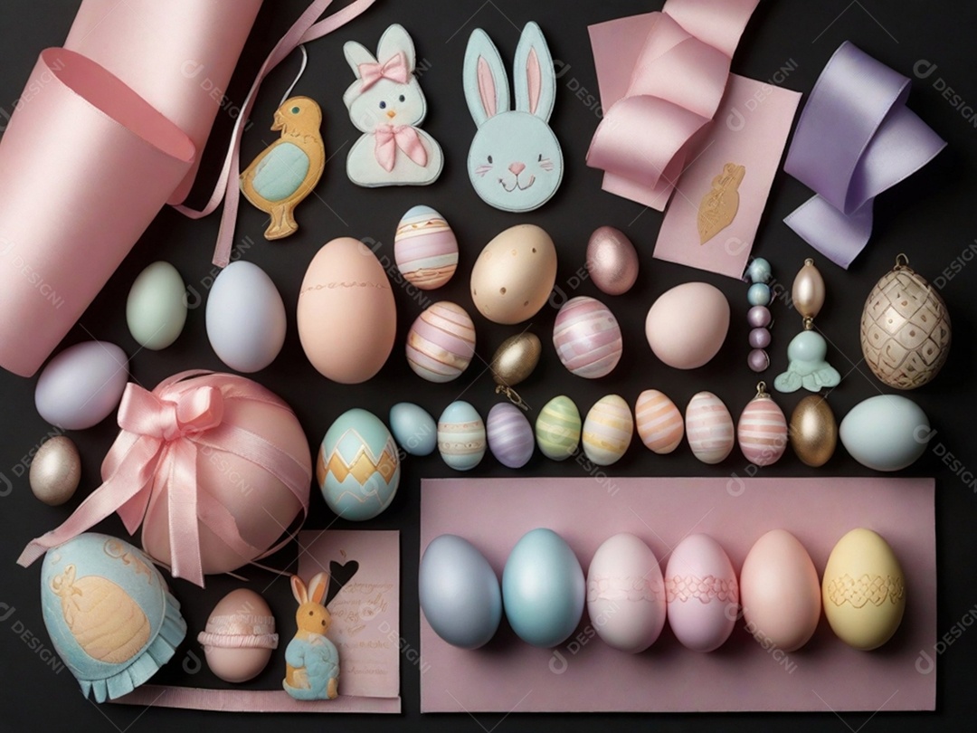 Várias decorações de Páscoa em tons pastéis, como fitas, faixas e enfeites cuidadosamente dispostos em uma superfície de tecnologia escura.