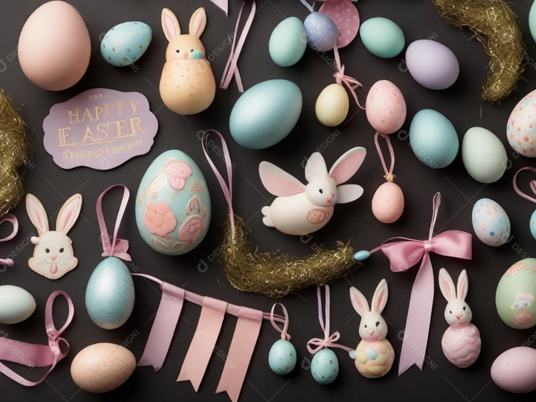 Várias decorações de Páscoa em tons pastéis, como fitas, faixas e enfeites cuidadosamente dispostos em uma superfície de tecnologia escura.
