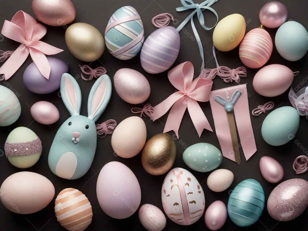 Várias decorações de Páscoa em tons pastéis, como fitas, faixas e enfeites cuidadosamente dispostos em uma superfície de tecnologia escura.