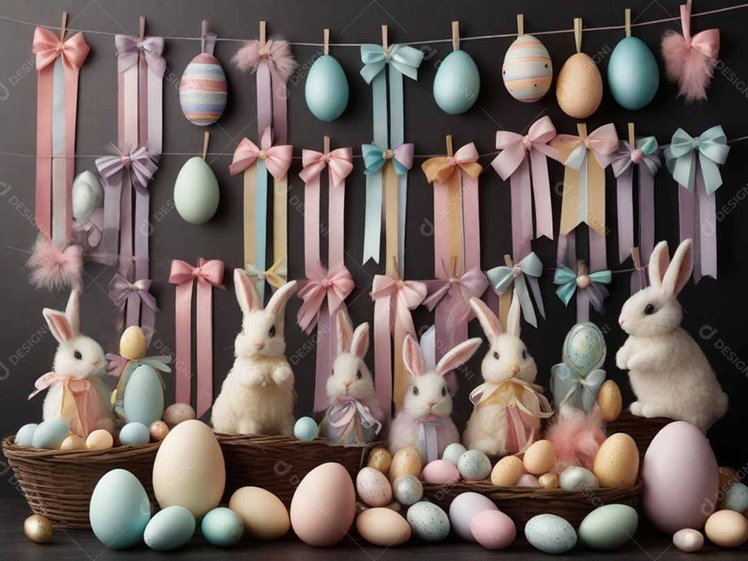 Várias decorações de Páscoa em tons pastéis, como fitas, faixas e enfeites cuidadosamente dispostos em uma superfície de tecnologia escura.