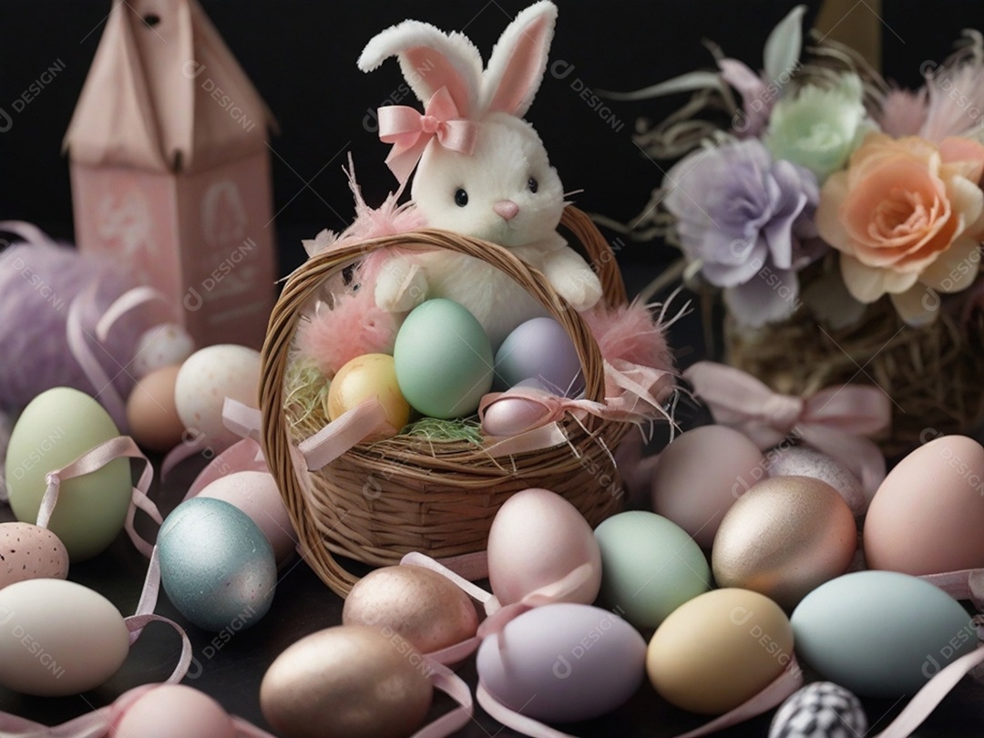 Várias decorações de Páscoa em tons pastéis, como fitas, faixas e enfeites cuidadosamente dispostos em uma superfície de tecnologia escura.