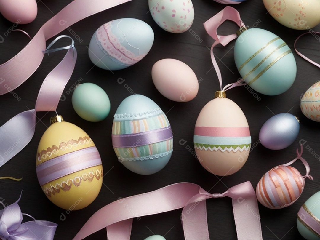 Várias decorações de Páscoa em tons pastéis, como fitas, faixas e enfeites cuidadosamente dispostos em uma superfície de tecnologia escura.