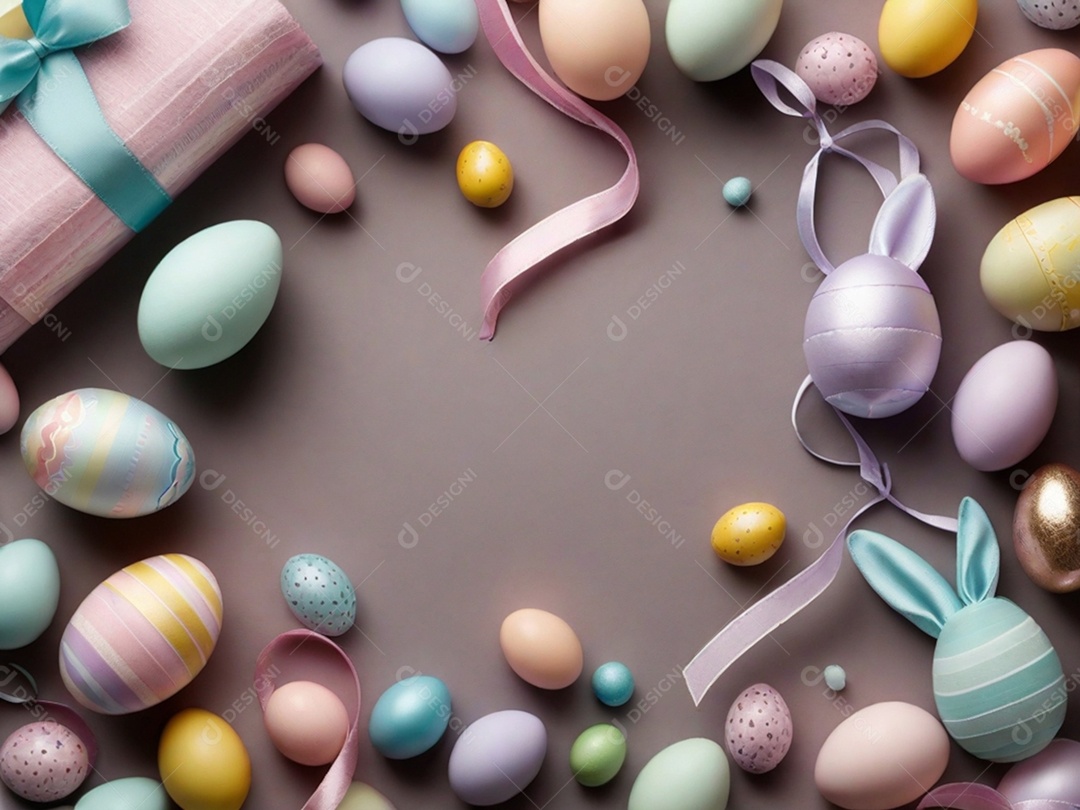 Várias decorações de Páscoa em tons pastéis, como fitas, faixas e enfeites cuidadosamente dispostos em uma superfície de tecnologia escura.