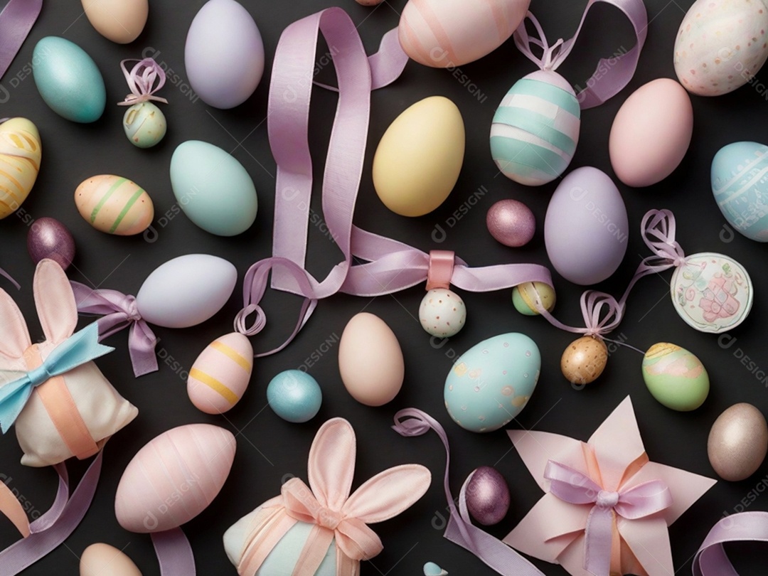 Várias decorações de Páscoa em tons pastéis, como fitas, faixas e enfeites cuidadosamente dispostos em uma superfície de tecnologia escura.