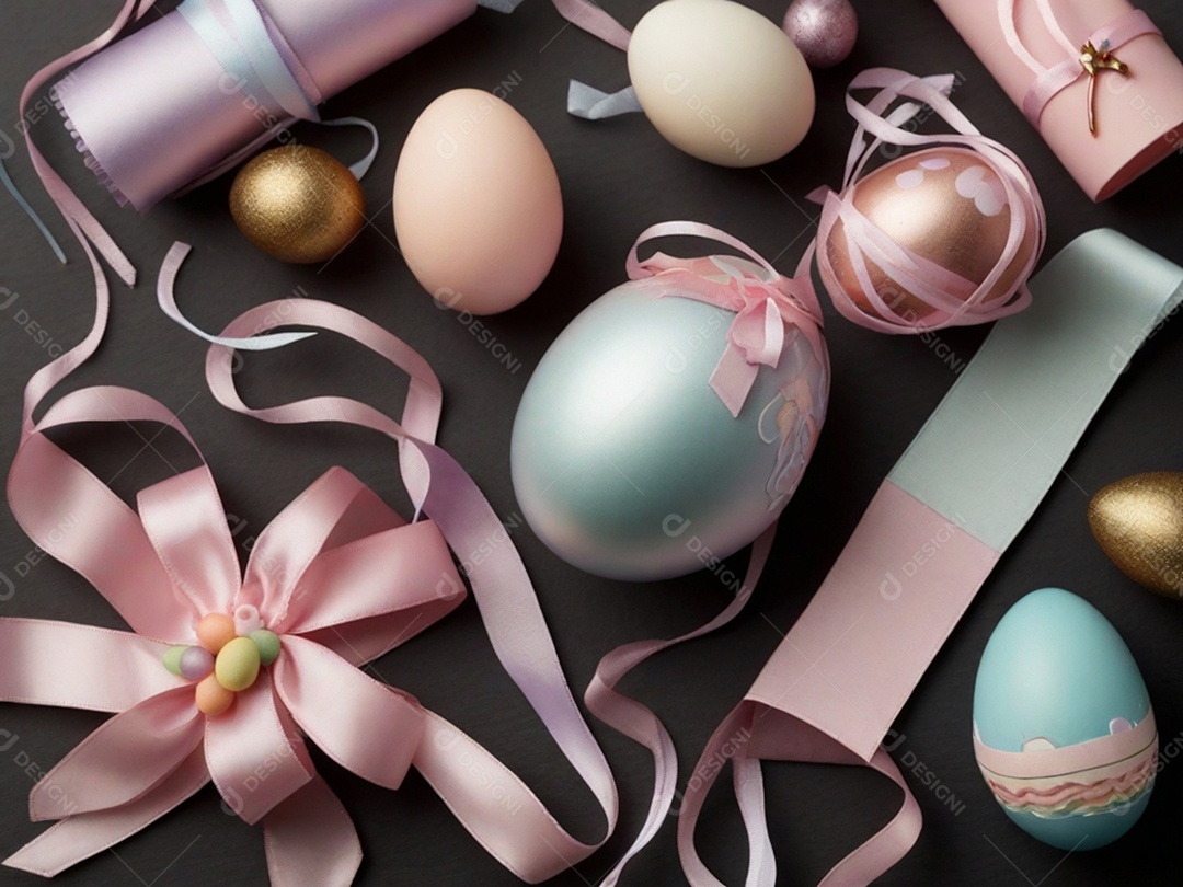 Várias decorações de Páscoa em tons pastéis, como fitas, faixas e enfeites cuidadosamente dispostos em uma superfície de tecnologia escura.