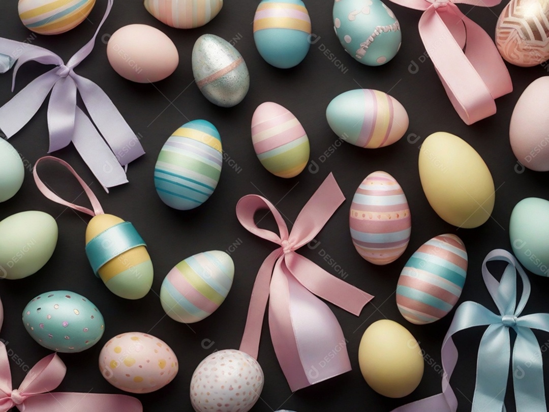 Várias decorações de Páscoa em tons pastéis, como fitas, faixas e enfeites cuidadosamente dispostos em uma superfície de tecnologia escura.