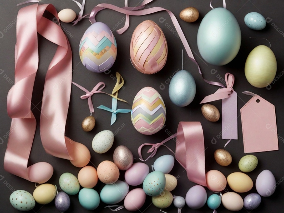 Várias decorações de Páscoa em tons pastéis, como fitas, faixas e enfeites cuidadosamente dispostos em uma superfície de tecnologia escura.