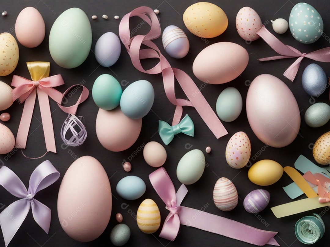 Várias decorações de Páscoa em tons pastéis, como fitas, faixas e enfeites cuidadosamente dispostos em uma superfície de tecnologia escura.