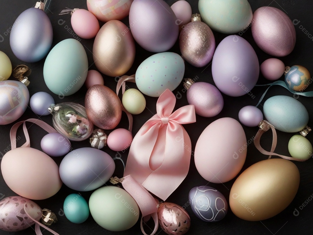 Várias decorações de Páscoa em tons pastéis, como fitas, faixas e enfeites cuidadosamente dispostos em uma superfície de tecnologia escura.