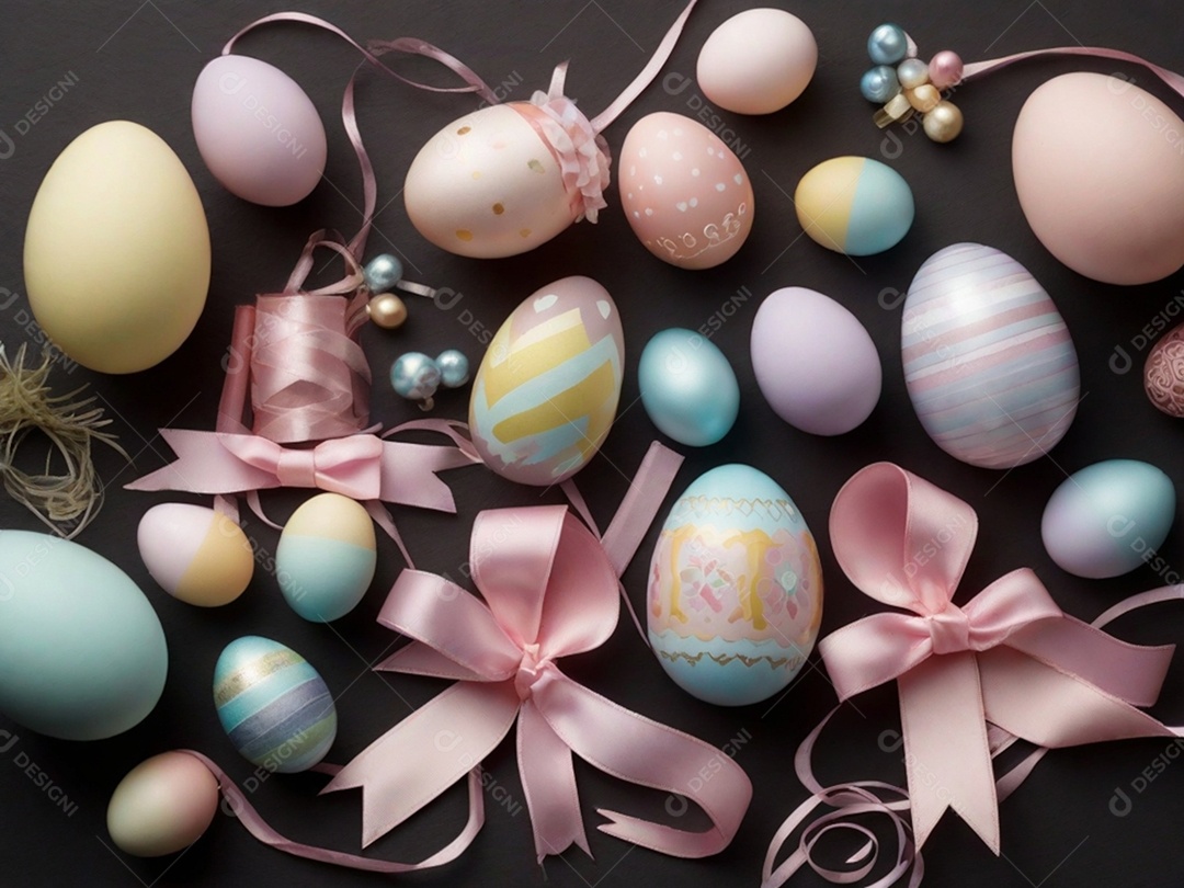 Várias decorações de Páscoa em tons pastéis, como fitas, faixas e enfeites cuidadosamente dispostos em uma superfície de tecnologia escura.