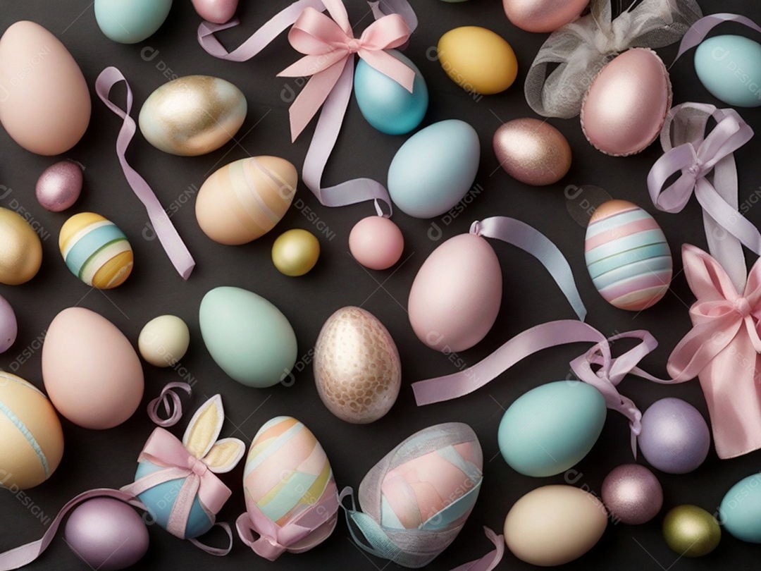 Várias decorações de Páscoa em tons pastéis, como fitas, faixas e enfeites cuidadosamente dispostos em uma superfície de tecnologia escura.