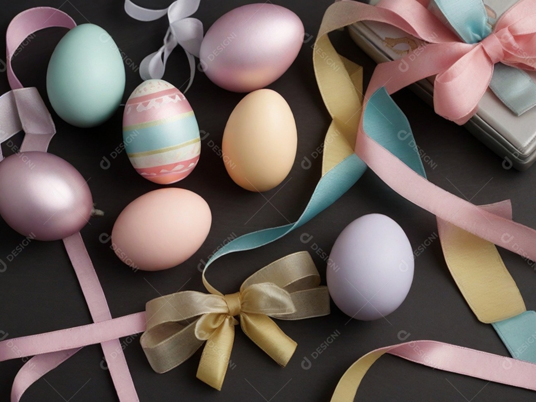 Várias decorações de Páscoa em tons pastéis, como fitas, faixas e enfeites cuidadosamente dispostos em uma superfície de tecnologia escura.