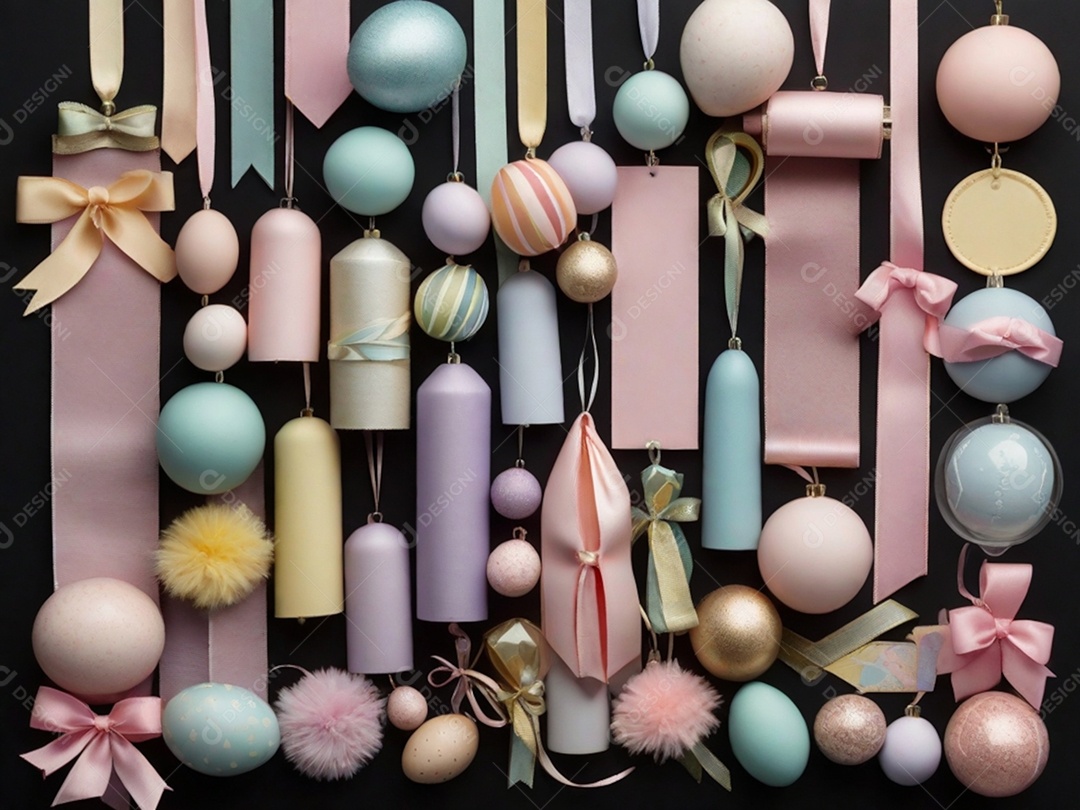 Várias decorações de Páscoa em tons pastéis, como fitas, faixas e enfeites cuidadosamente dispostos em uma superfície de tecnologia escura.