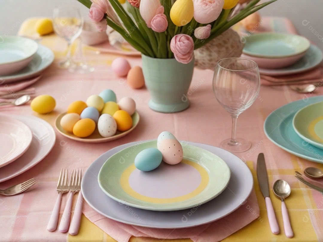 Uma mesa de Páscoa bem posta com pratos em tons pastéis, guardanapos e decorações temáticas, tudo sobre uma toalha de mesa colorida e imaculada.