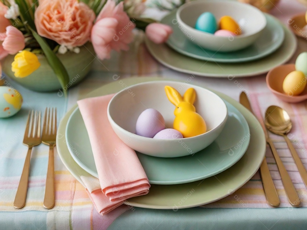 Uma mesa de Páscoa bem posta com pratos em tons pastéis, guardanapos e decorações temáticas, tudo sobre uma toalha de mesa colorida e imaculada.