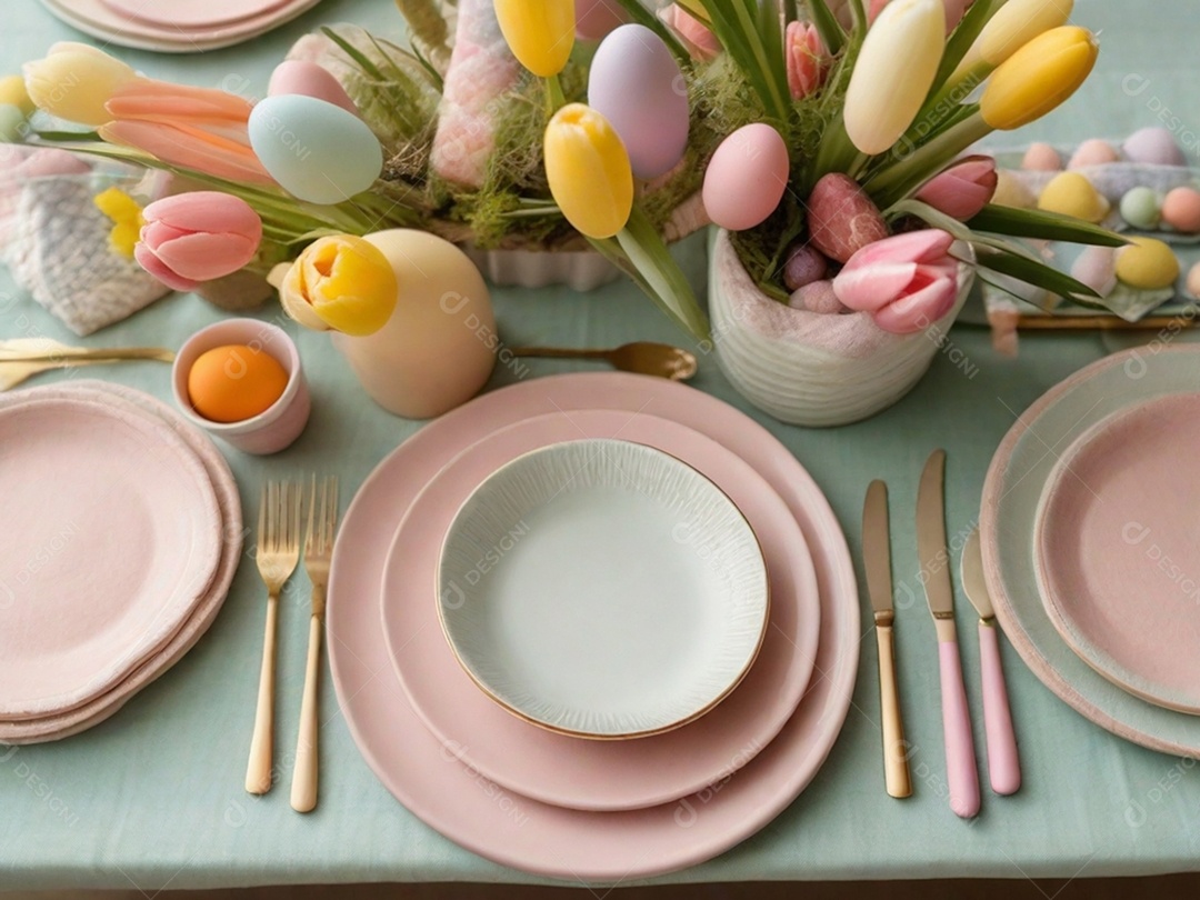 Uma mesa de Páscoa bem posta com pratos em tons pastéis, guardanapos e decorações temáticas, tudo sobre uma toalha de mesa colorida e imaculada.