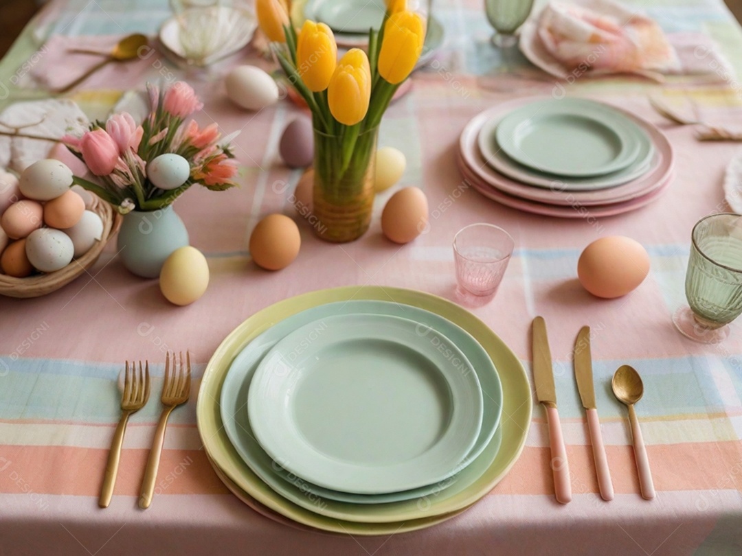 Uma mesa de Páscoa bem posta com pratos em tons pastéis, guardanapos e decorações temáticas, tudo sobre uma toalha de mesa colorida e imaculada.