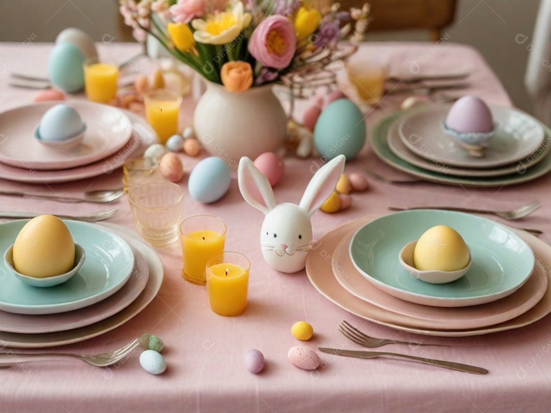 Uma mesa de Páscoa bem posta com pratos em tons pastéis, guardanapos e decorações temáticas, tudo sobre uma toalha de mesa colorida e imaculada.