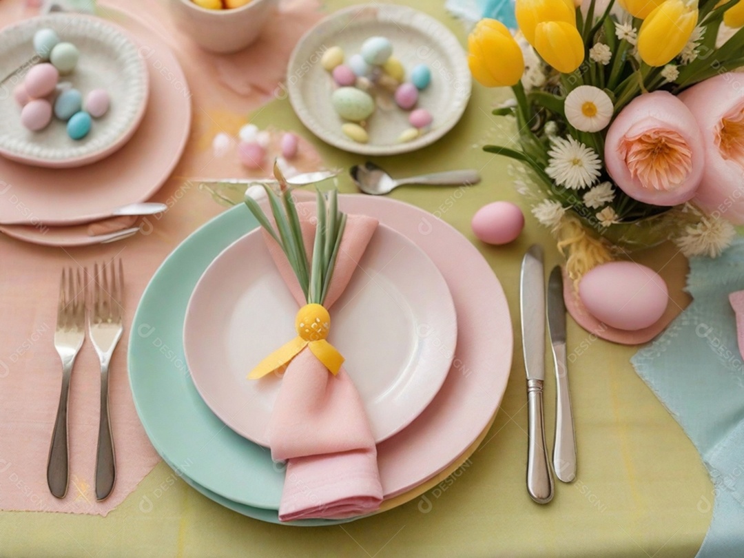 Uma mesa de Páscoa bem posta com pratos em tons pastéis, guardanapos e decorações temáticas, tudo sobre uma toalha de mesa colorida e imaculada.