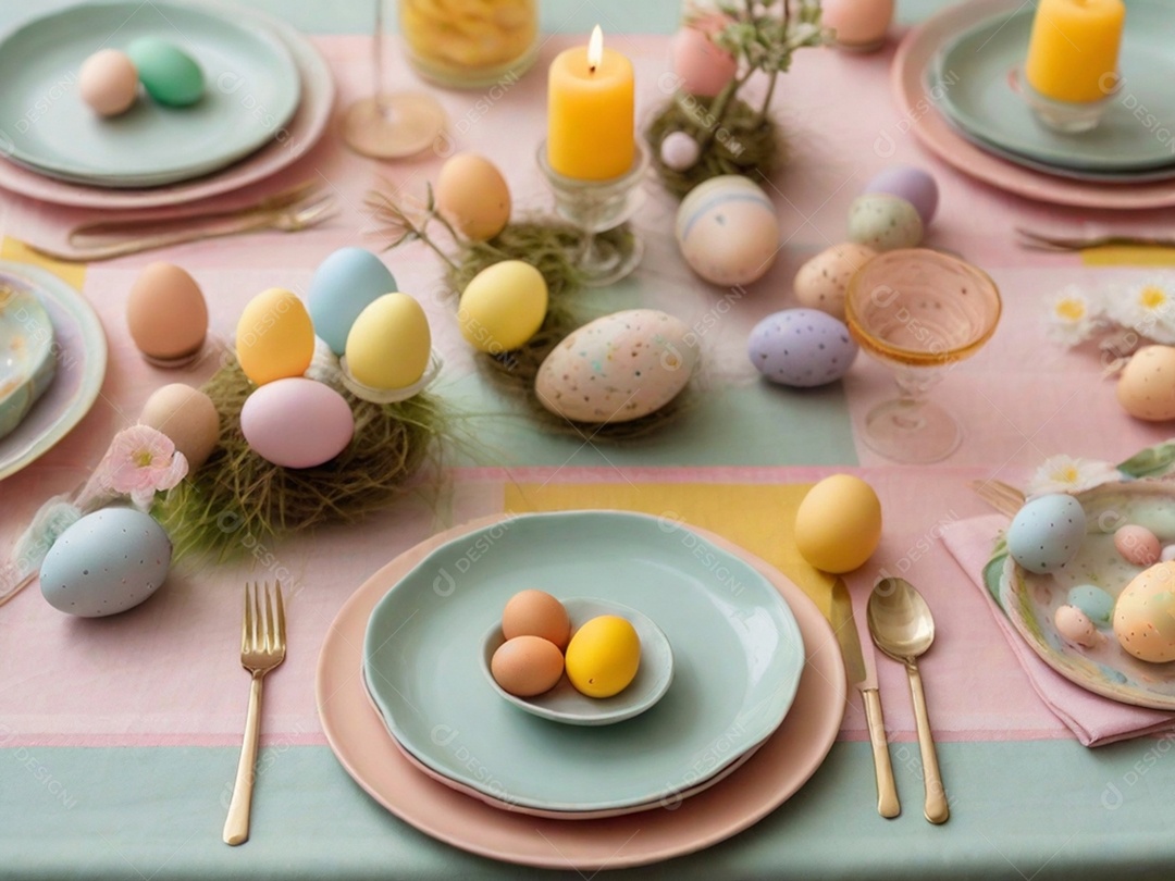 Uma mesa de Páscoa bem posta com pratos em tons pastéis, guardanapos e decorações temáticas, tudo sobre uma toalha de mesa colorida e imaculada.
