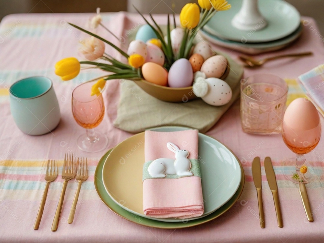 Uma mesa de Páscoa bem posta com pratos em tons pastéis, guardanapos e decorações temáticas, tudo sobre uma toalha de mesa colorida e imaculada.