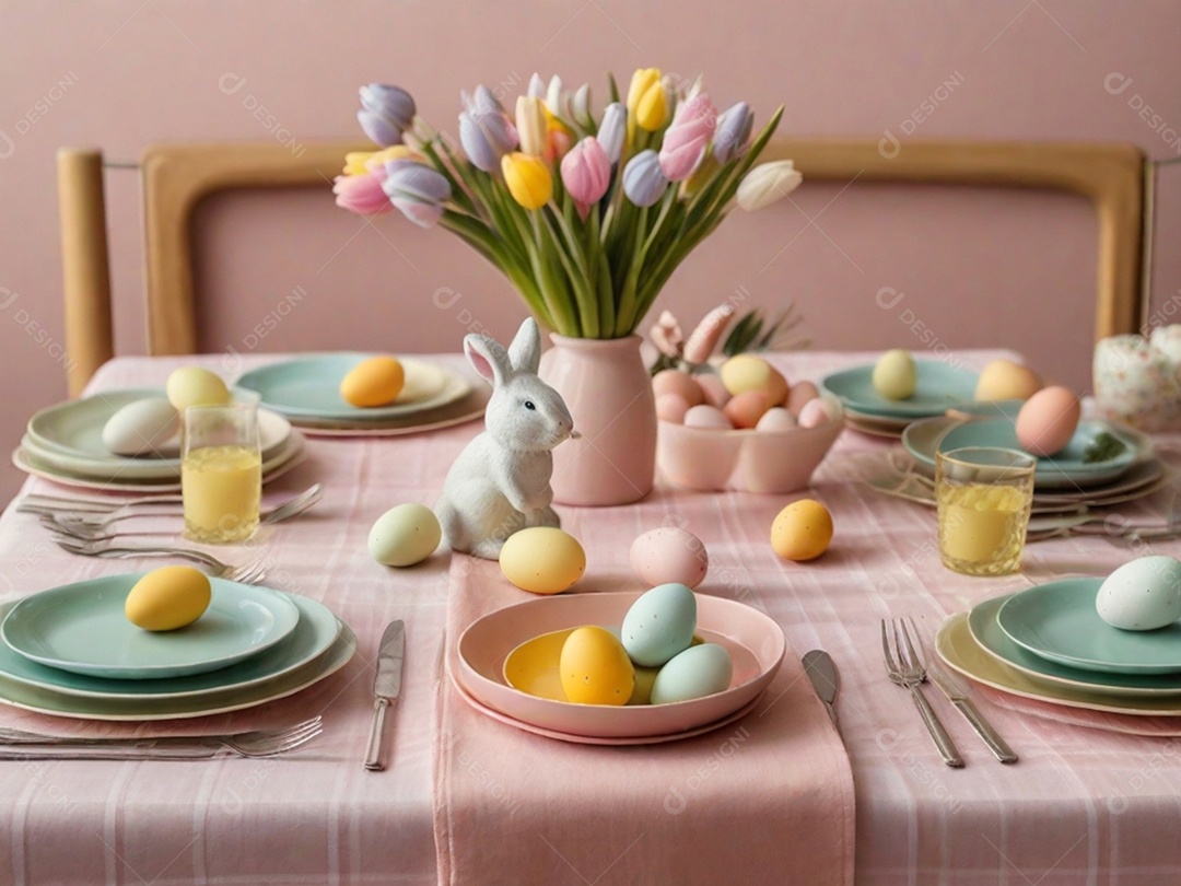 Uma mesa de Páscoa bem posta com pratos em tons pastéis, guardanapos e decorações temáticas, tudo sobre uma toalha de mesa colorida e imaculada.