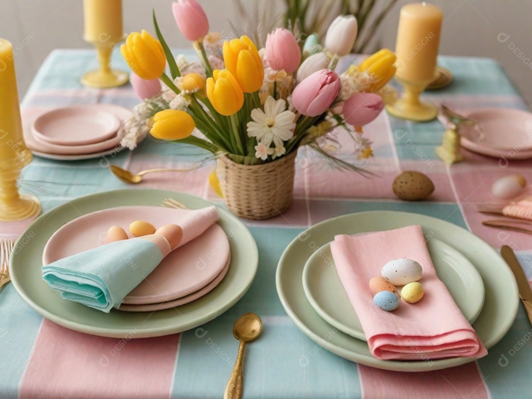 Uma mesa de Páscoa bem posta com pratos em tons pastéis, guardanapos e decorações temáticas, tudo sobre uma toalha de mesa colorida e imaculada.