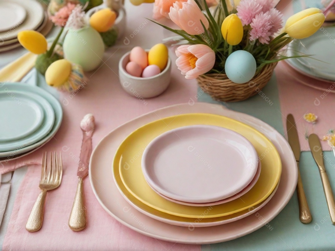 Uma mesa de Páscoa bem posta com pratos em tons pastéis, guardanapos e decorações temáticas, tudo sobre uma toalha de mesa colorida e imaculada.