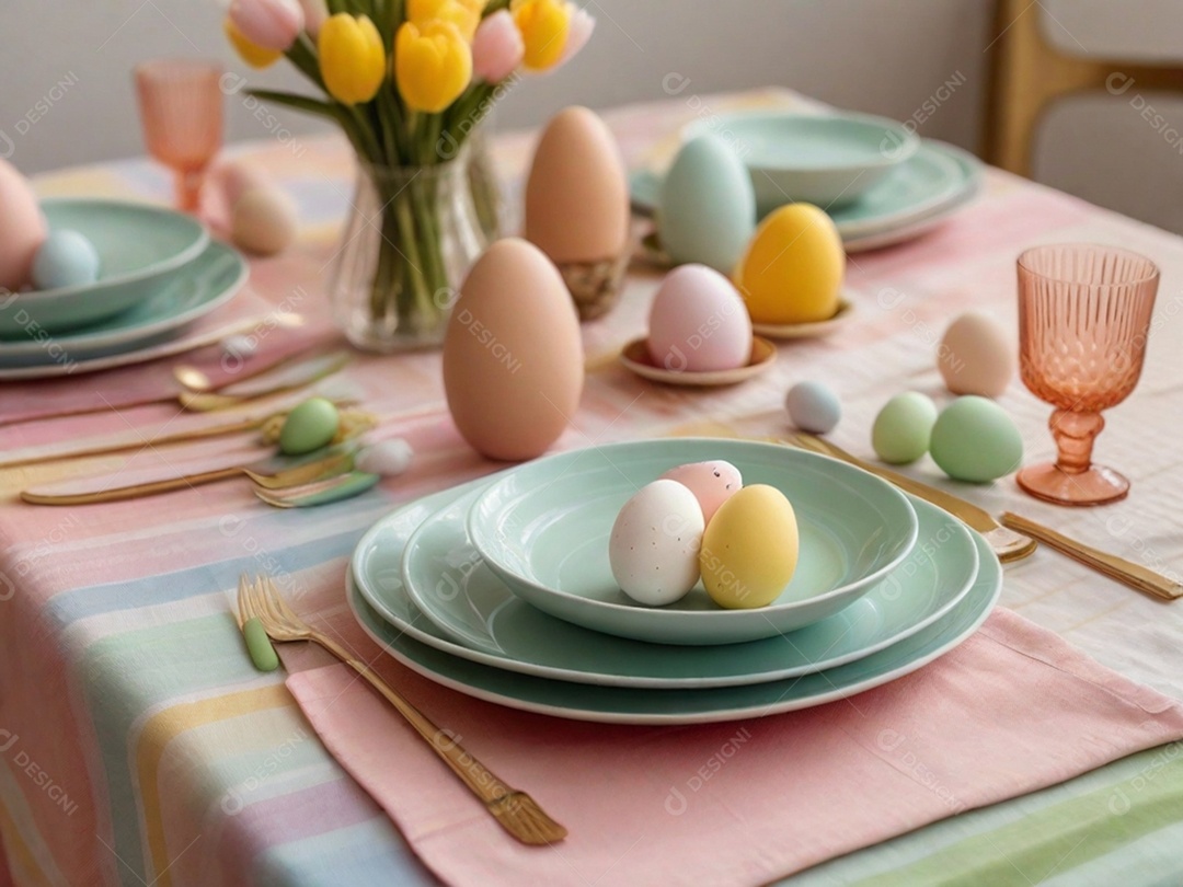 Uma mesa de Páscoa bem posta com pratos em tons pastéis, guardanapos e decorações temáticas, tudo sobre uma toalha de mesa colorida e imaculada.