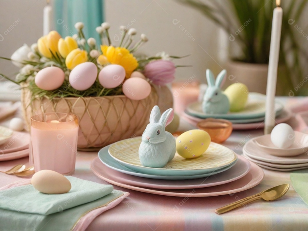 Uma mesa de Páscoa bem posta com pratos em tons pastéis, guardanapos e decorações temáticas, tudo sobre uma toalha de mesa colorida e imaculada