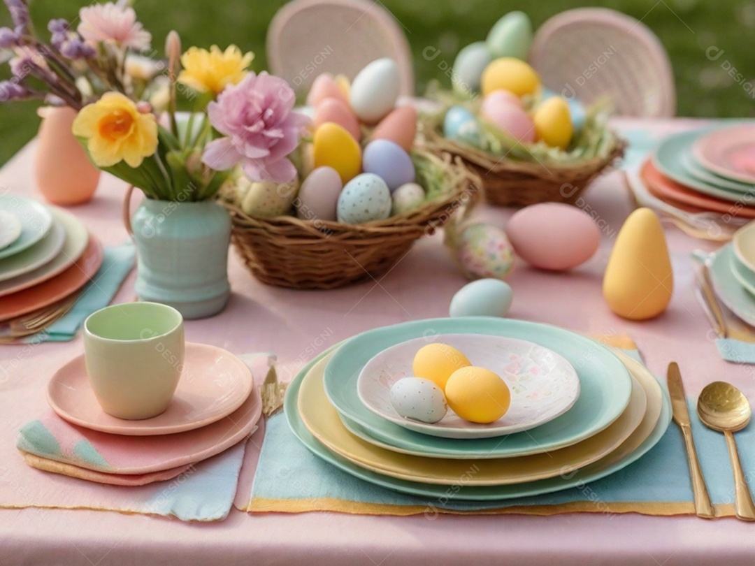 Uma mesa de Páscoa bem posta com pratos em tons pastéis, guardanapos e decorações temáticas, tudo sobre uma toalha de mesa colorida e imaculada.