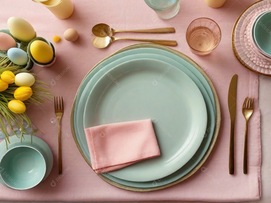 Uma mesa de Páscoa bem posta com pratos em tons pastéis, guardanapos e decorações temáticas, tudo sobre uma toalha de mesa colorida e imaculada.