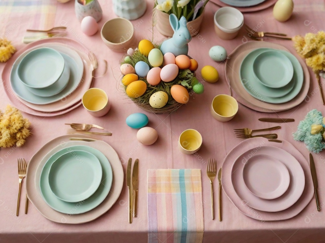 Uma mesa de Páscoa bem posta com pratos em tons pastéis, guardanapos e decorações temáticas, tudo sobre uma toalha de mesa colorida e imaculada.