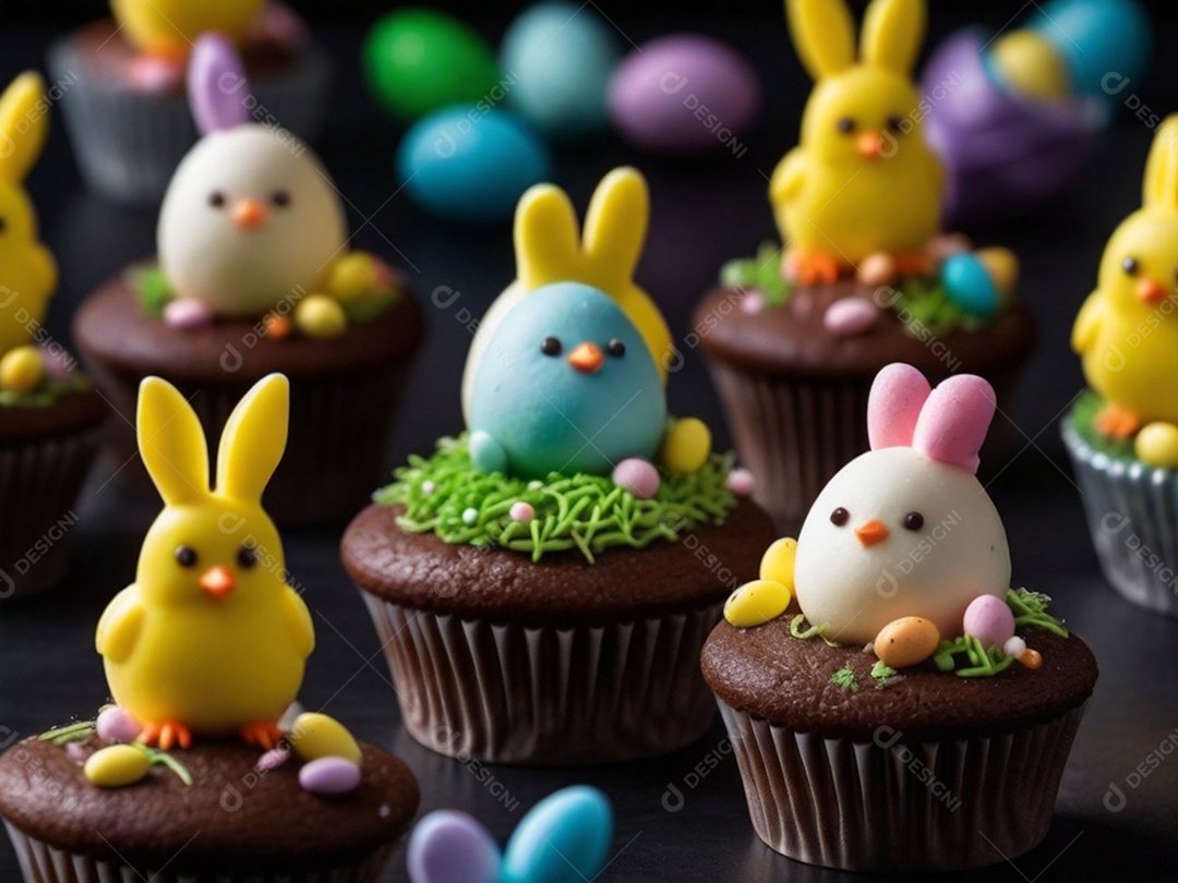 Um conjunto de cupcakes decorados com coberturas temáticas de Páscoa