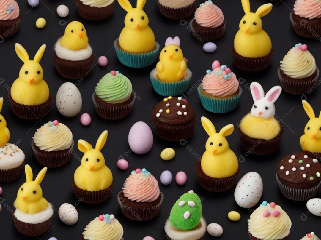 Um conjunto de cupcakes decorados com coberturas temáticas de Páscoa