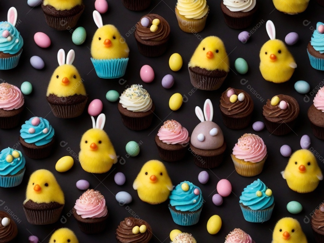 Um conjunto de cupcakes decorados com coberturas temáticas de Páscoa
