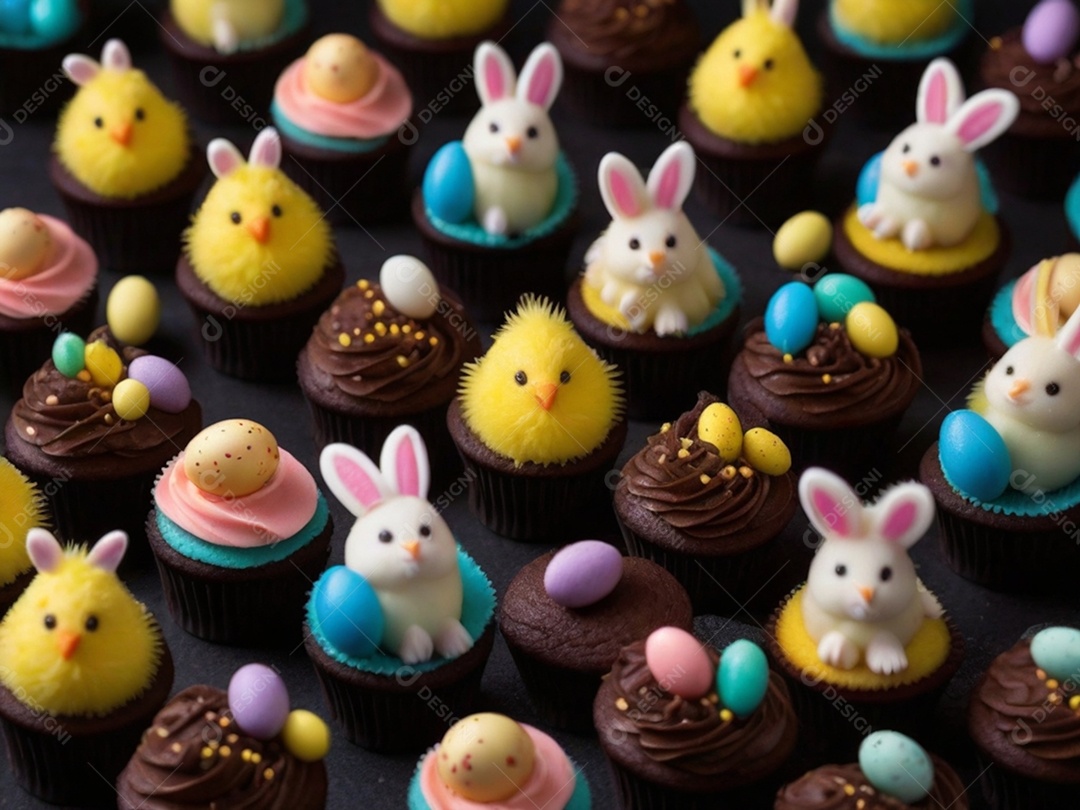Um conjunto de cupcakes decorados com coberturas temáticas de Páscoa