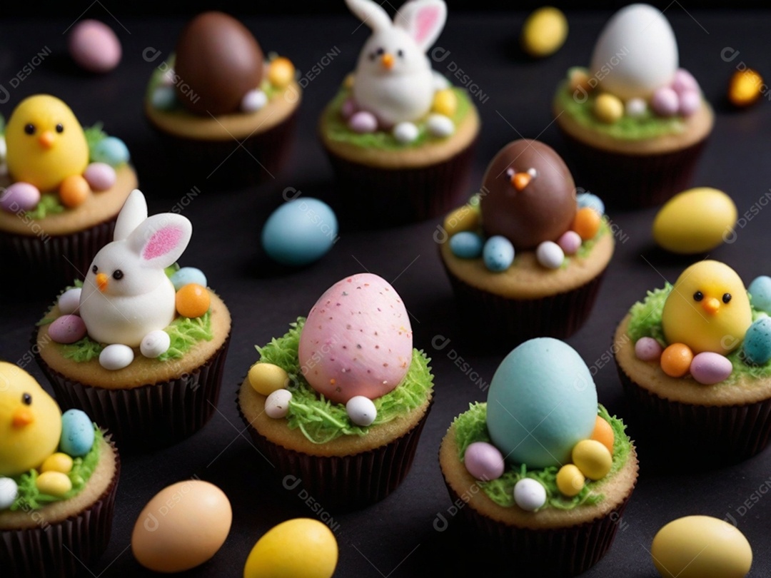 Um conjunto de cupcakes decorados com coberturas temáticas de Páscoa