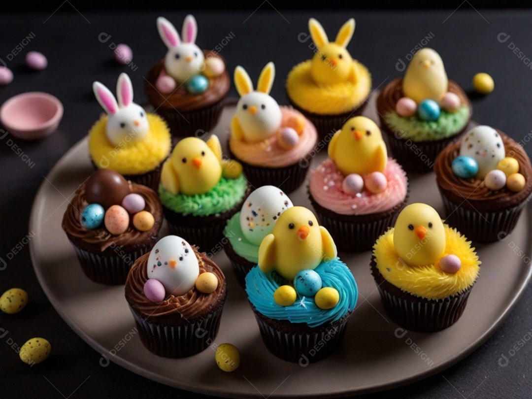 Um conjunto de cupcakes decorados com coberturas temáticas de Páscoa