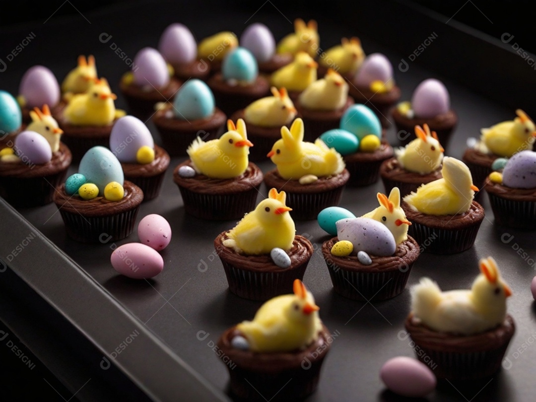 Um conjunto de cupcakes decorados com coberturas temáticas de Páscoa