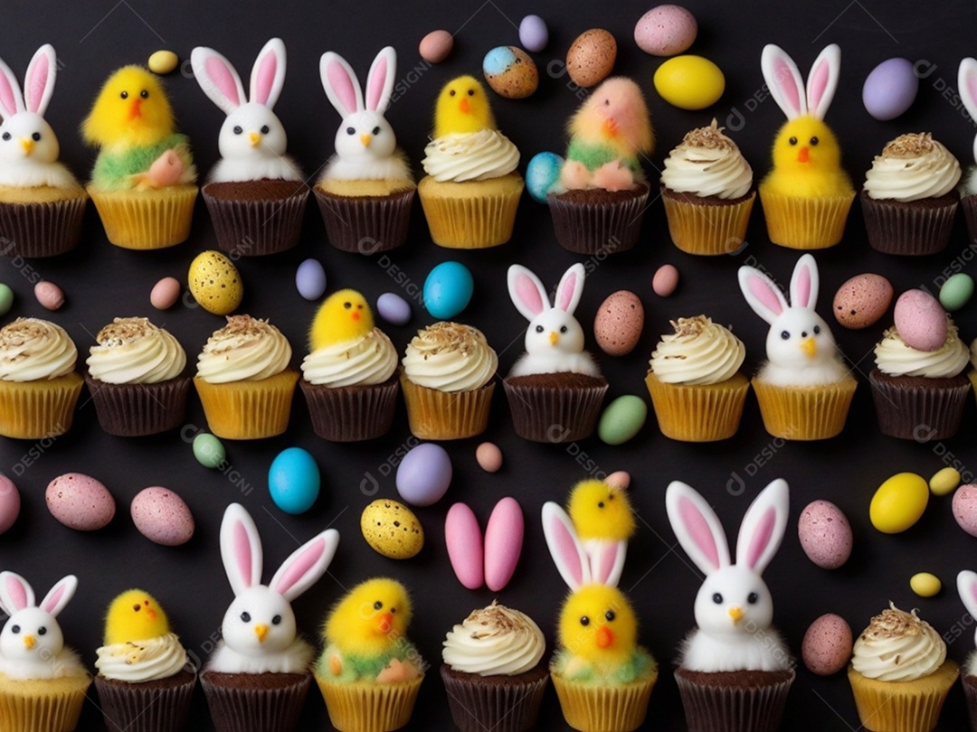 Um conjunto de cupcakes decorados com coberturas temáticas de Páscoa