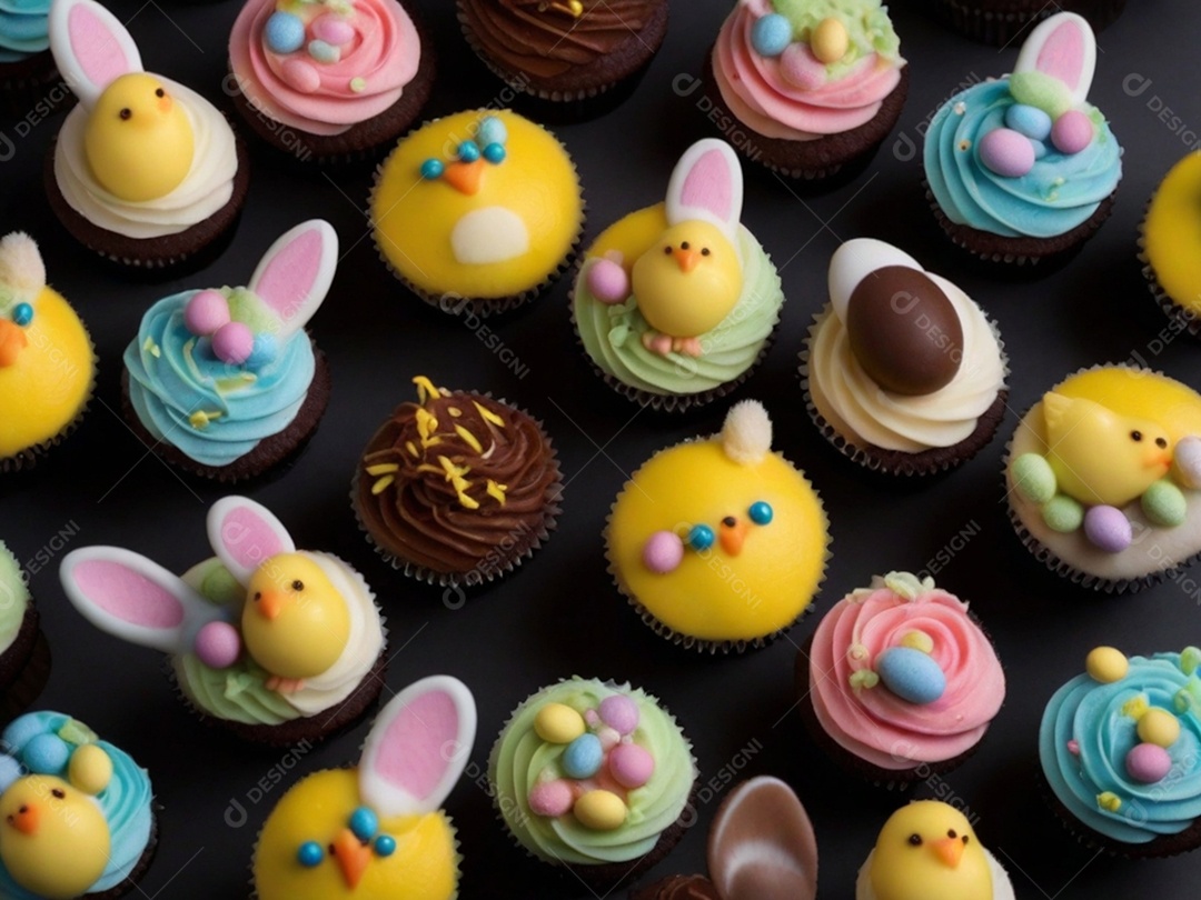 Um conjunto de cupcakes decorados com coberturas temáticas de Páscoa