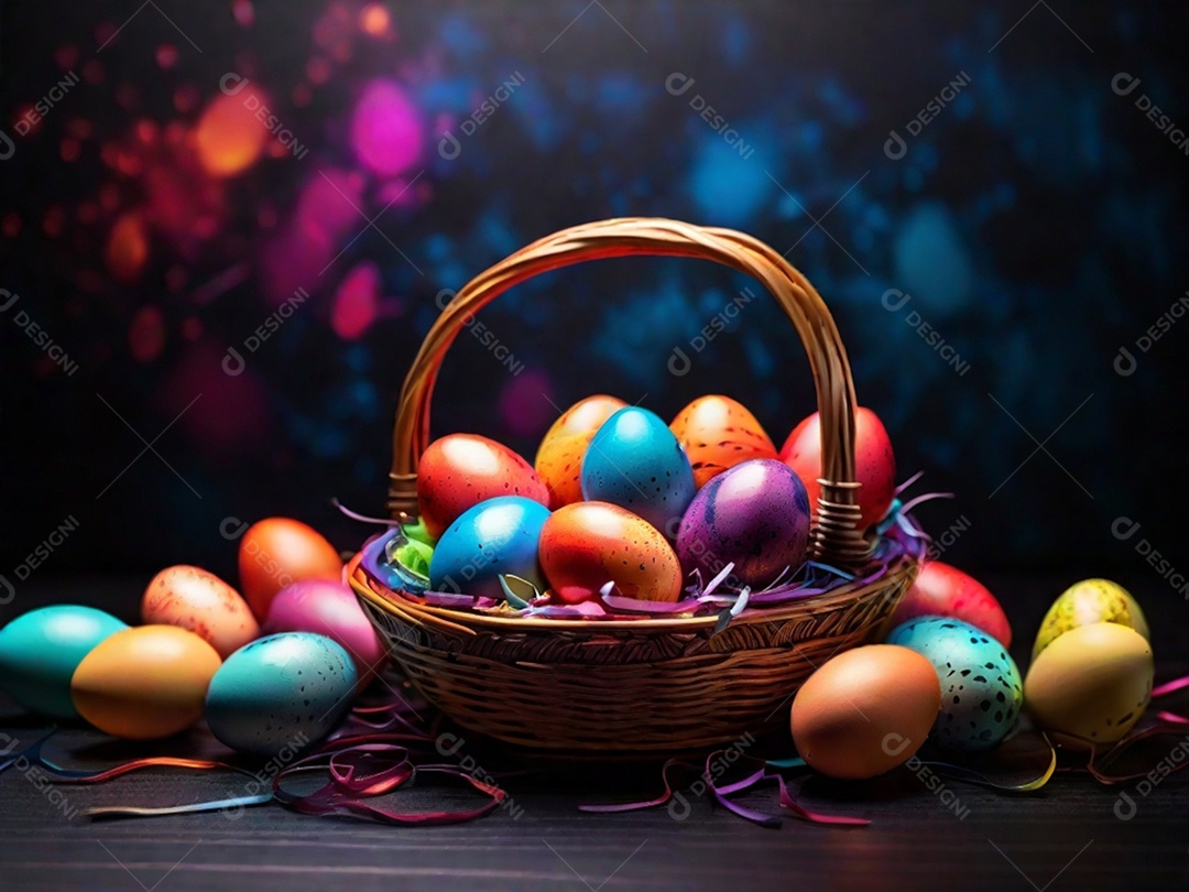 Uma cesta de ovos de Páscoa coloridos em um fundo abstrato de tecnologia escura