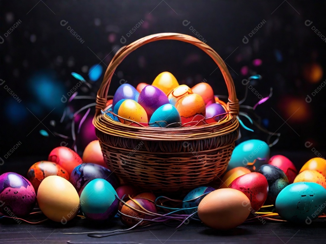 Uma cesta de ovos de Páscoa coloridos em um fundo abstrato de tecnologia escura