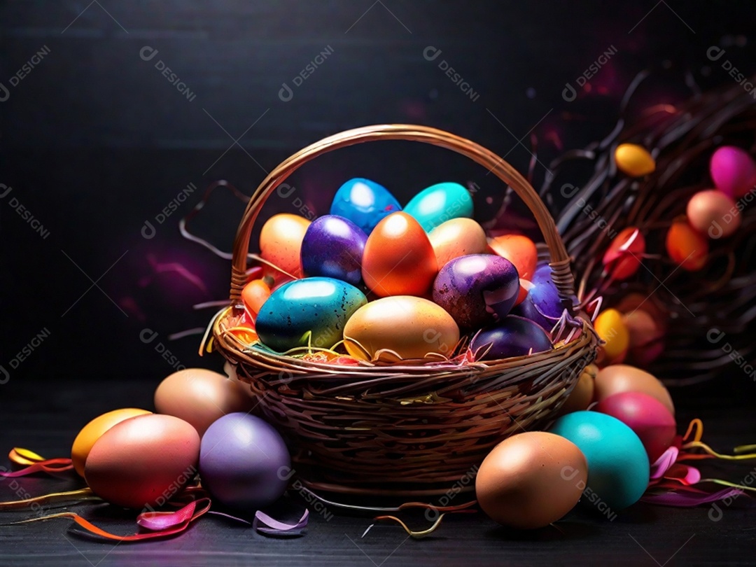 Uma cesta de ovos de Páscoa coloridos em um fundo abstrato de tecnologia escura