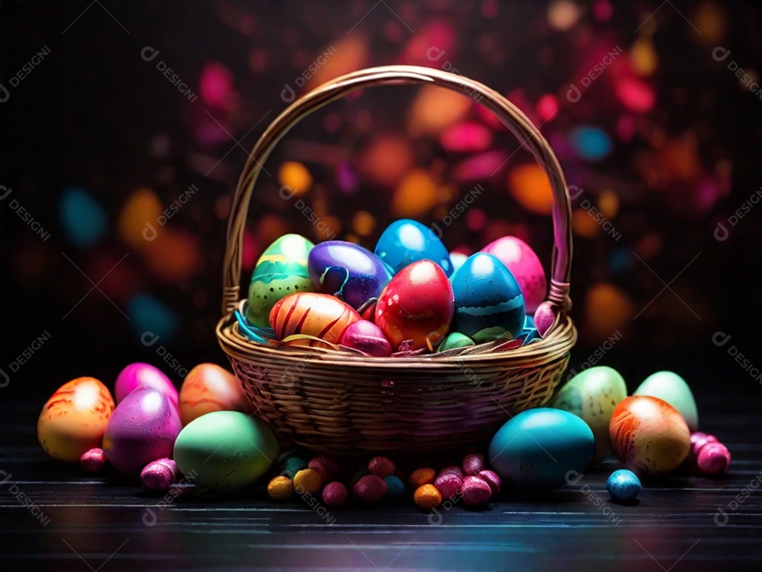 Uma cesta de ovos de Páscoa coloridos em um fundo abstrato de tecnologia escura