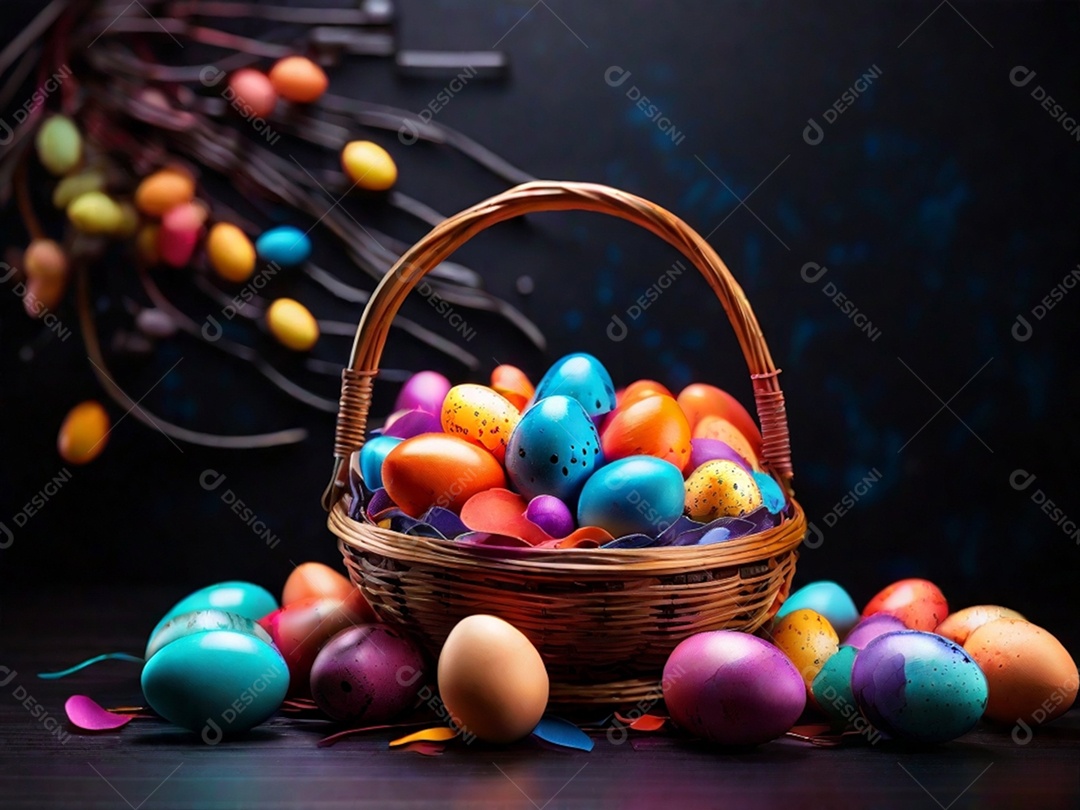 Uma cesta de ovos de Páscoa coloridos em um fundo abstrato de tecnologia escura